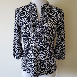 Style & Co. Black & White Ruffle V Neck Blouse Top
